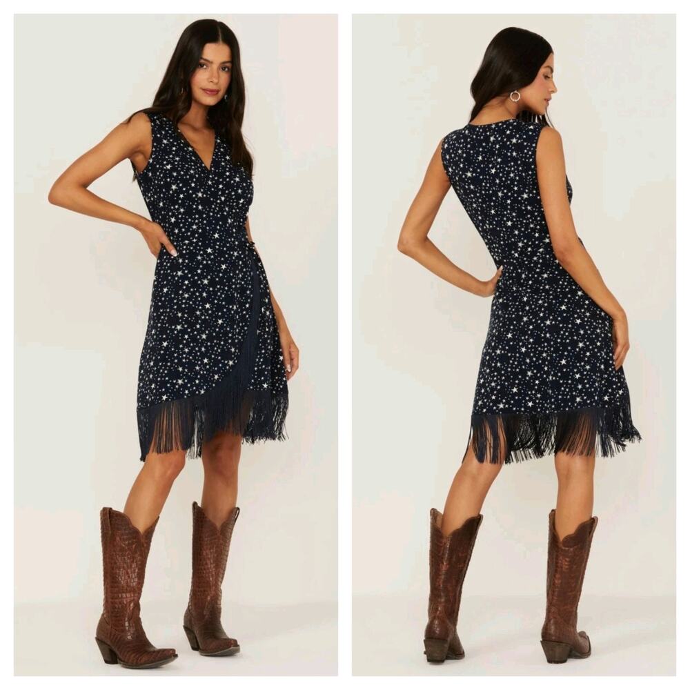 Idyllwind Queens Lane Star Print Wrap Dress Fringe sz XS Navy Blue Boho Cowgirl